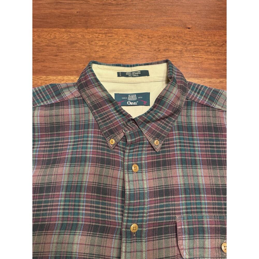 XL Tall Orvis Brown Plaid Flannel Shirt Long Sleeve Button Up XLT